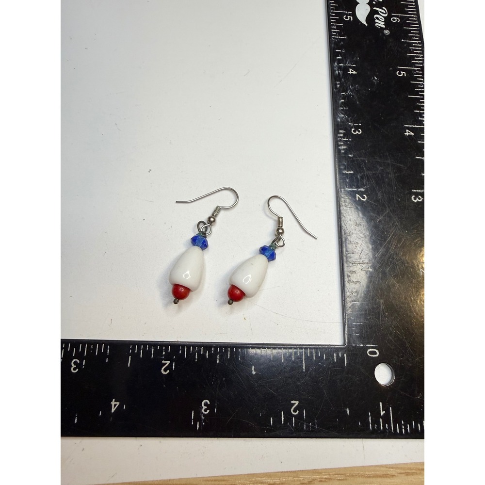 Red White Blue Beaded Drop Earrings Silver Tone Fishhook Dangle Teardrop Bead